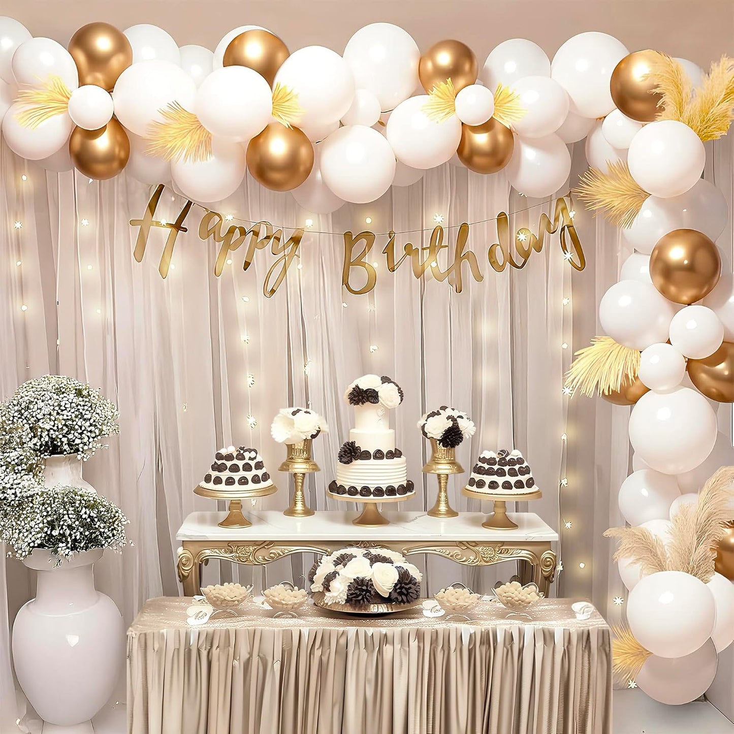 Elegant White & Gold 69-Piece Birthday Decoration Kit with Net Curtains