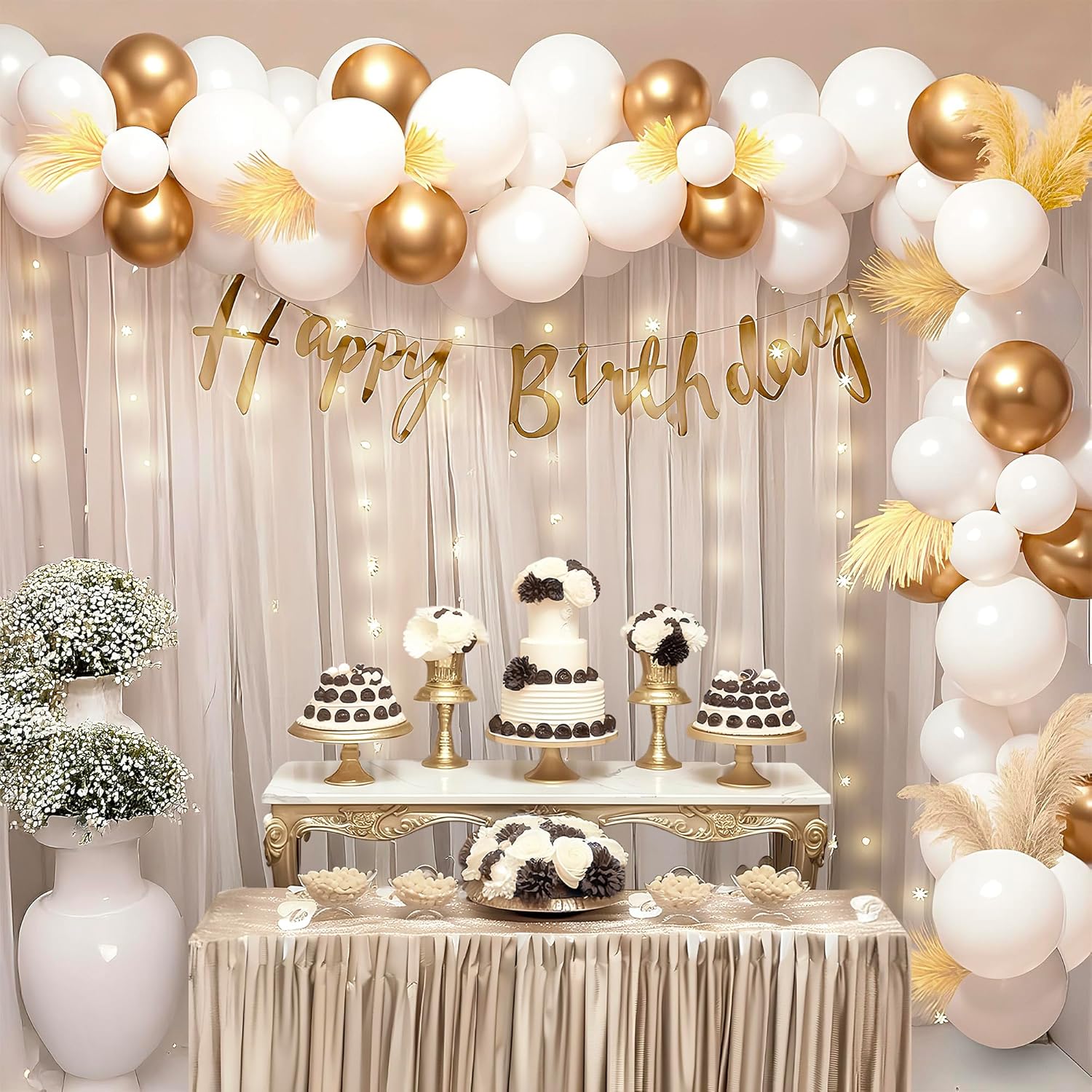 Elegant White & Gold 69-Piece Birthday Decoration Kit with Net Curtains