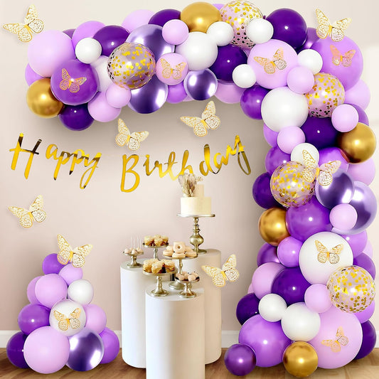 Purple & Gold Birthday Decoration Kit with Butterfly Theme - 79 Pcs Combo