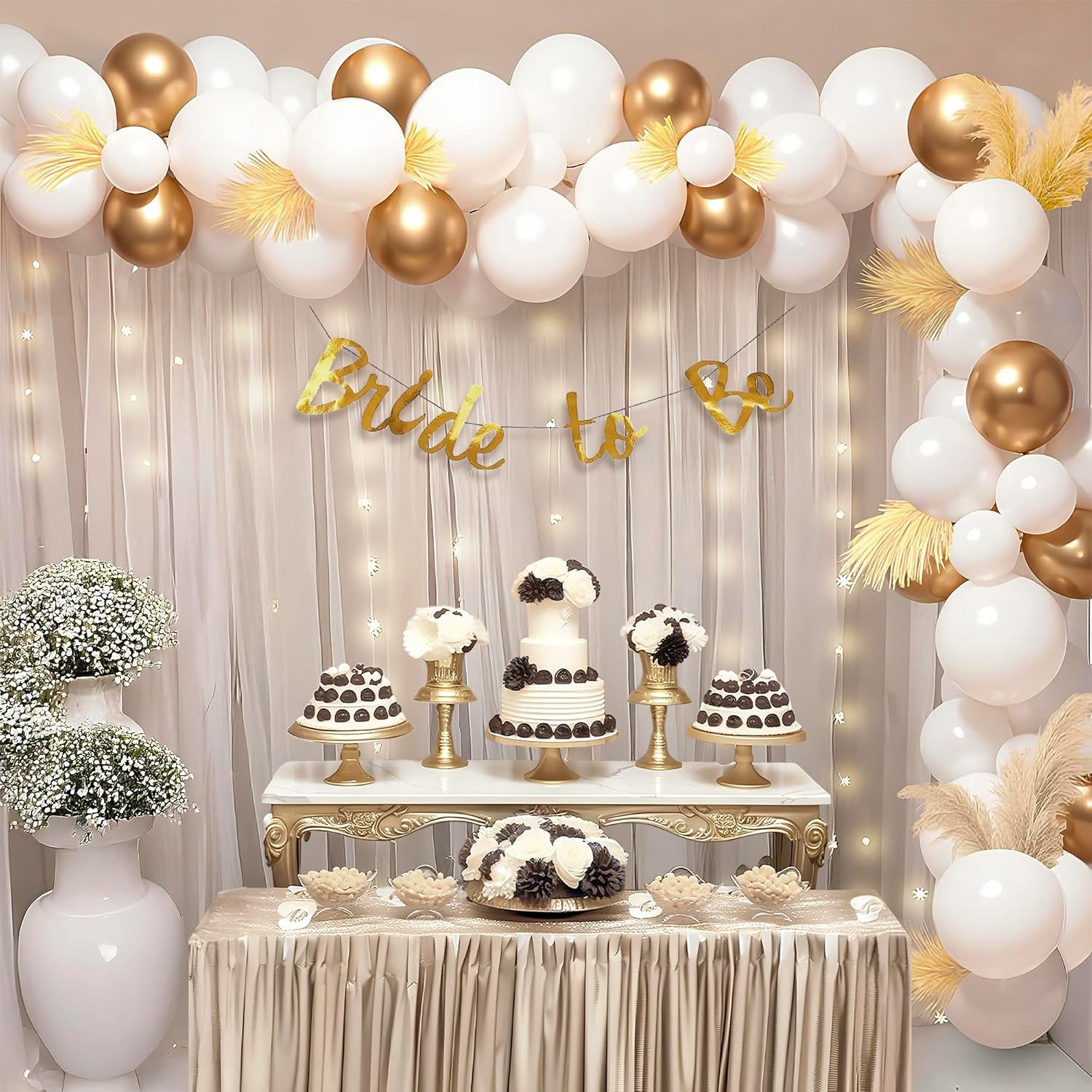 69-Piece Bride-to-Be Party Decoration Kit: Elegant White & Gold Bridal Shower Set