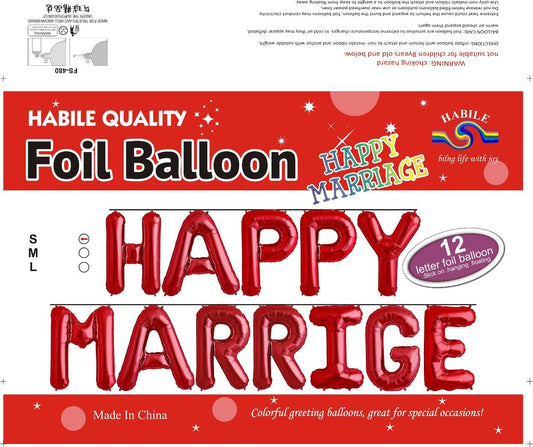 Happy Marriage Foil Balloon Set - 12 Red Letter