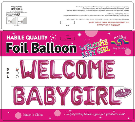 Welcome Baby Girl Foil Balloon Set – 15 Letter Pink Balloons