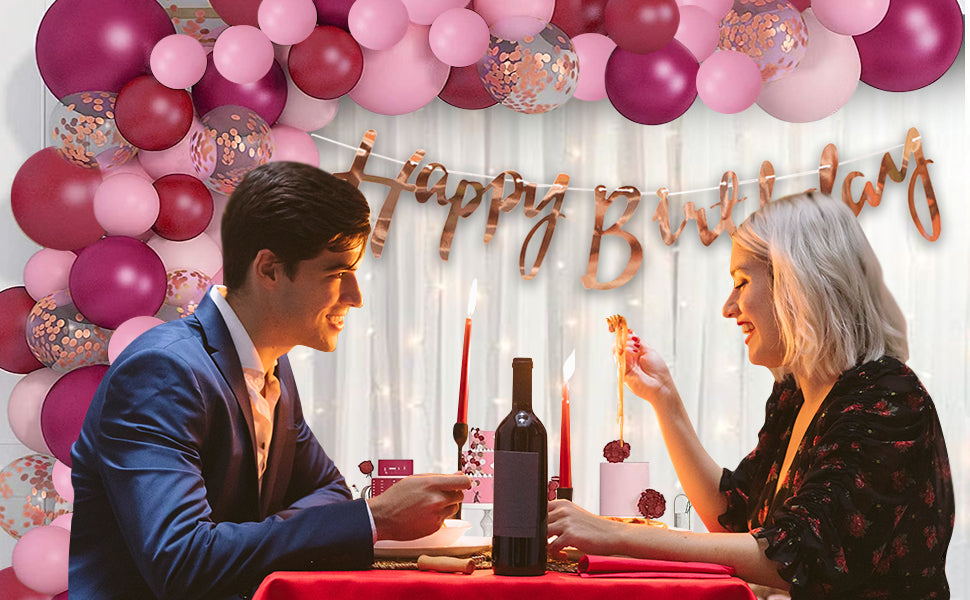 69-Piece Burgundy Pink Happy Birthday Decor Kit with LED Fairy Lights