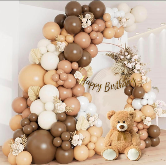 Teddy Bear Theme Birthday Decoration Kit – Brown & Neutral Balloon Arch