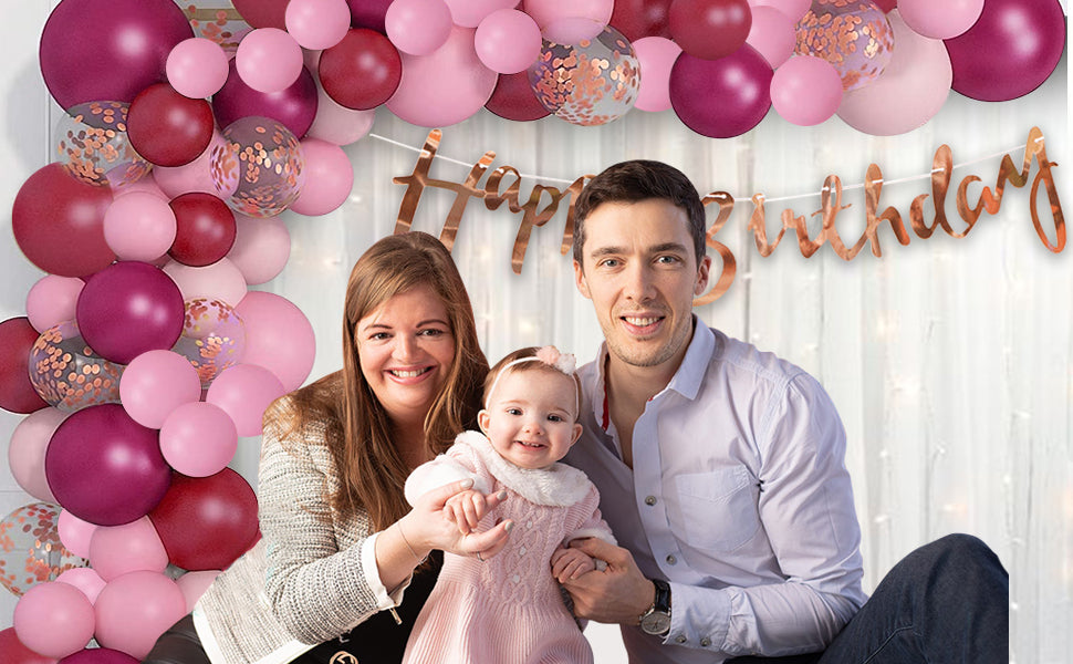 69-Piece Burgundy Pink Happy Birthday Decor Kit with LED Fairy Lights