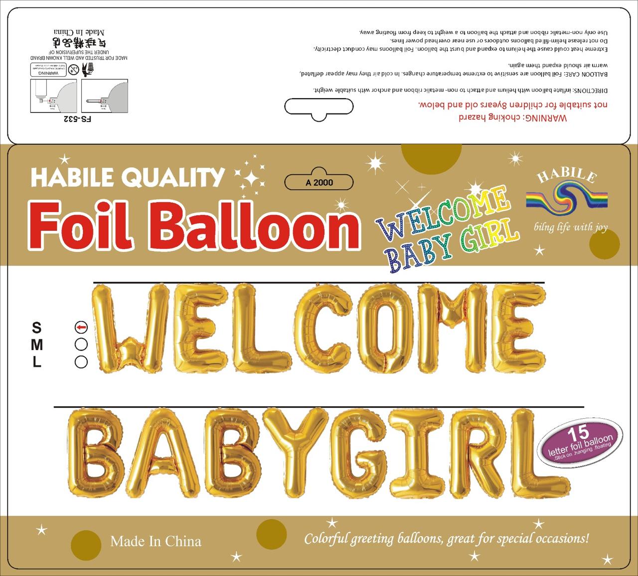 Welcome Baby Girl Foil Balloon Set – 15 Letter Golden Balloons