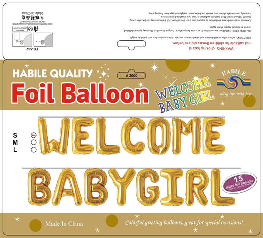 Welcome Baby Girl Foil Balloon Set – 15 Letter Golden Balloons