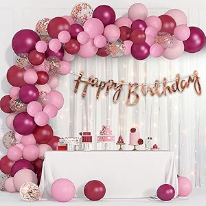 69-Piece Burgundy Pink Happy Birthday Decor Kit with LED Fairy Lights