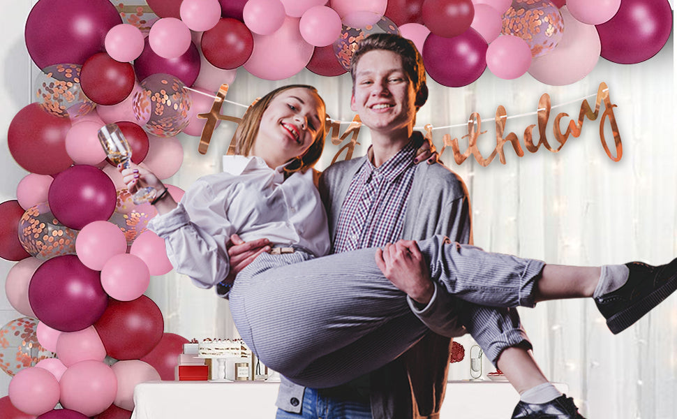 69-Piece Burgundy Pink Happy Birthday Decor Kit with LED Fairy Lights