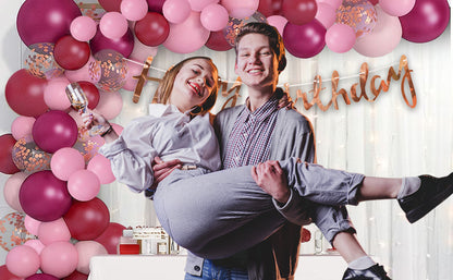 69-Piece Burgundy Pink Happy Birthday Decor Kit with LED Fairy Lights