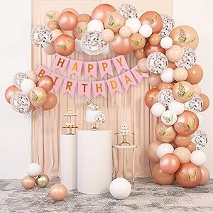 74-Piece Rose Gold Birthday Decoration Kit with 3D Butterflies & Confetti Balloons