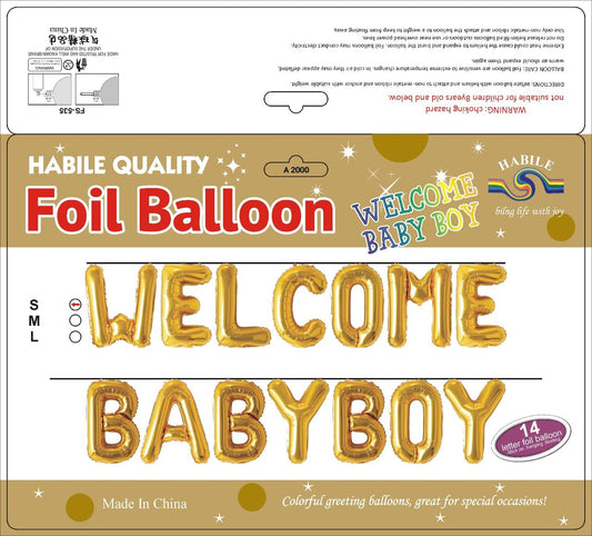 Welcome Baby Boy Foil Balloon Set – 14 Letter Golden Balloons