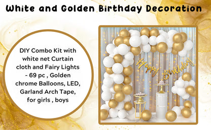 Elegant White & Gold 69-Piece Birthday Decoration Kit with Net Curtains