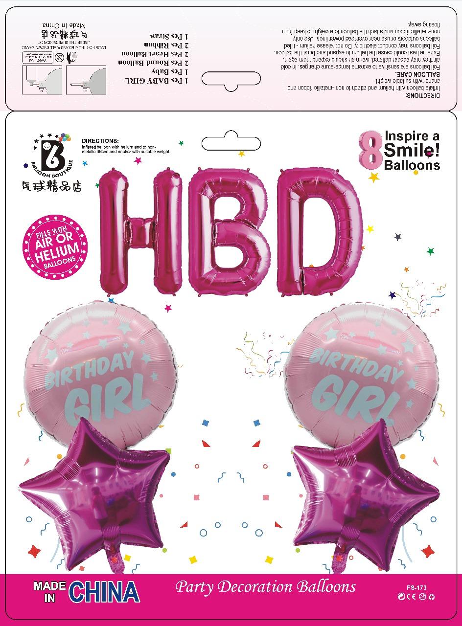 HBD Birthday Girl Balloon Set – 8 pcs Pink Party Decoration