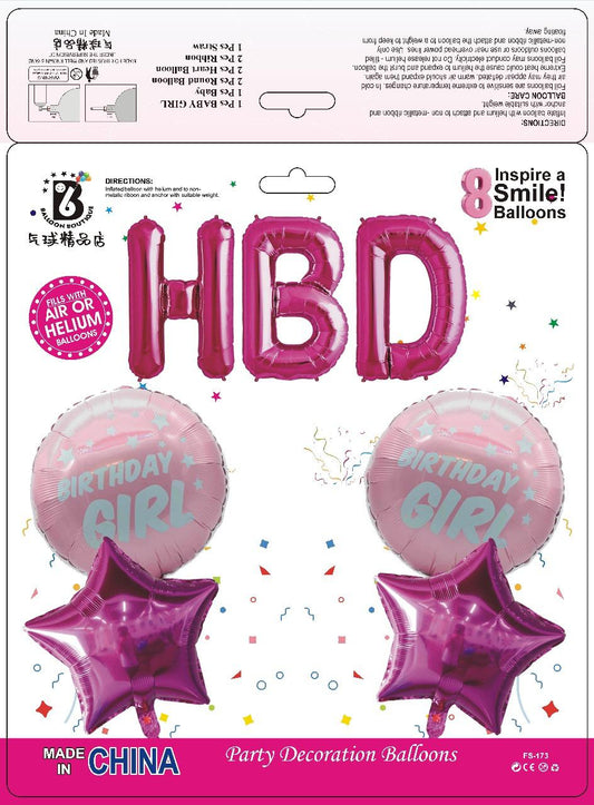 HBD Birthday Girl Balloon Set – 8 pcs Pink Party Decoration