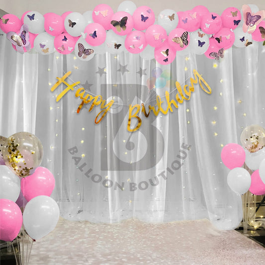 Butterfly's Birthday decoration 80 Pcs pack curtains tapes banner fairy light balloon kit