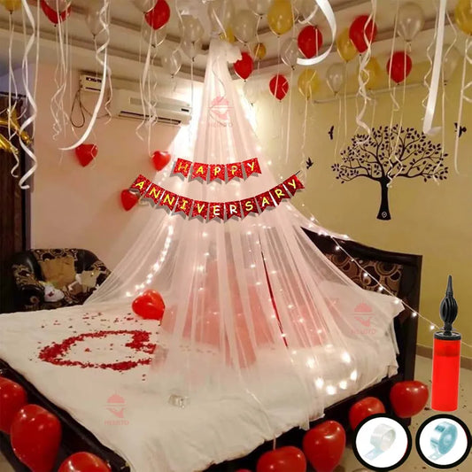 Happy anniversary Tent Romantic Set Red White Yellow Balloons LED Light and curtains Red Foil Heart 46 pcs pack