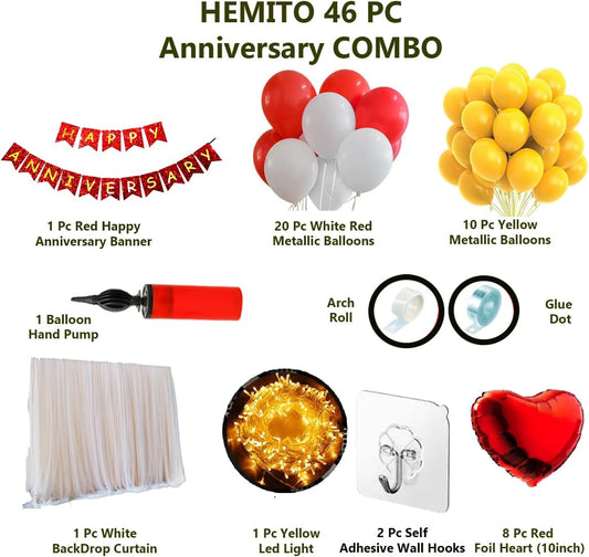 Happy anniversary Tent Romantic Set Red White Yellow Balloons LED Light and curtains Red Foil Heart 46 pcs pack