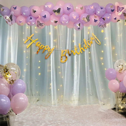 Butterfly's Birthday decoration 80 Pcs pack curtains tapes banner fairy light balloon kit