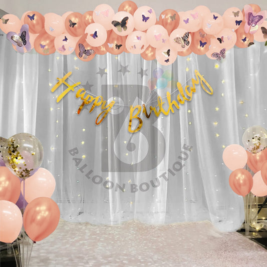 Butterfly's Birthday decoration 80 Pcs pack curtains tapes banner fairy light balloon kit